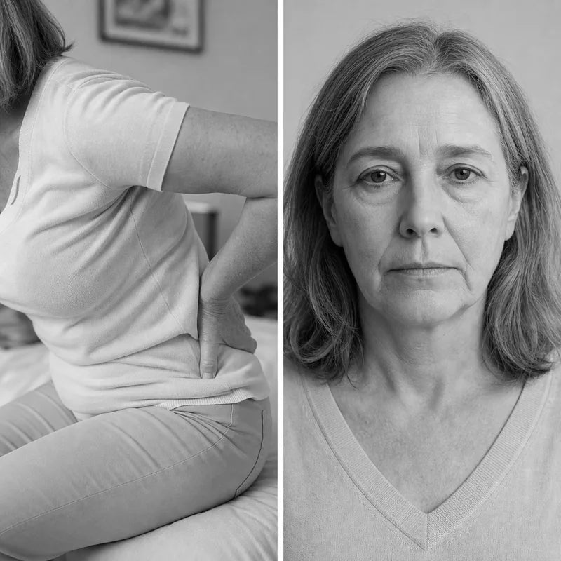 Monochrome split image showing a woman holding her lower back and natural mature skin